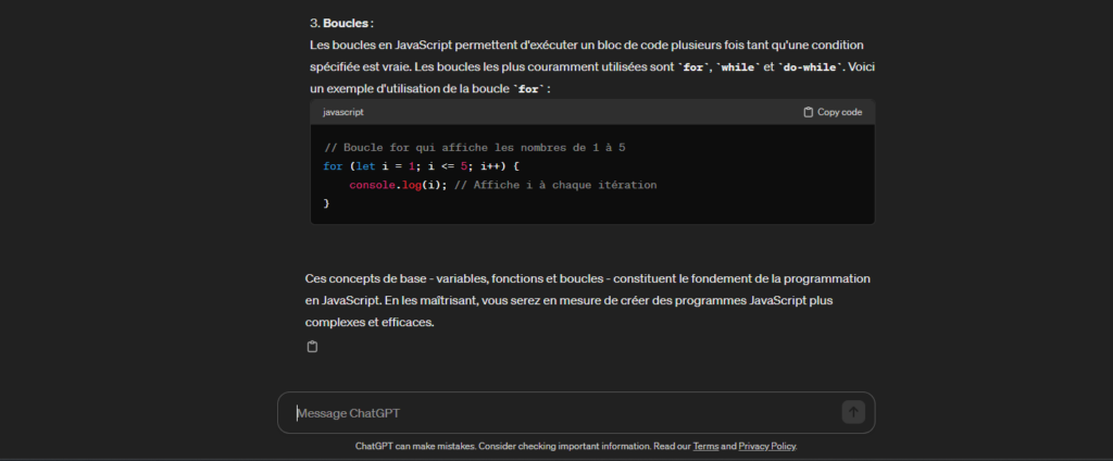 Boucles JavaScript selon ChatGPT