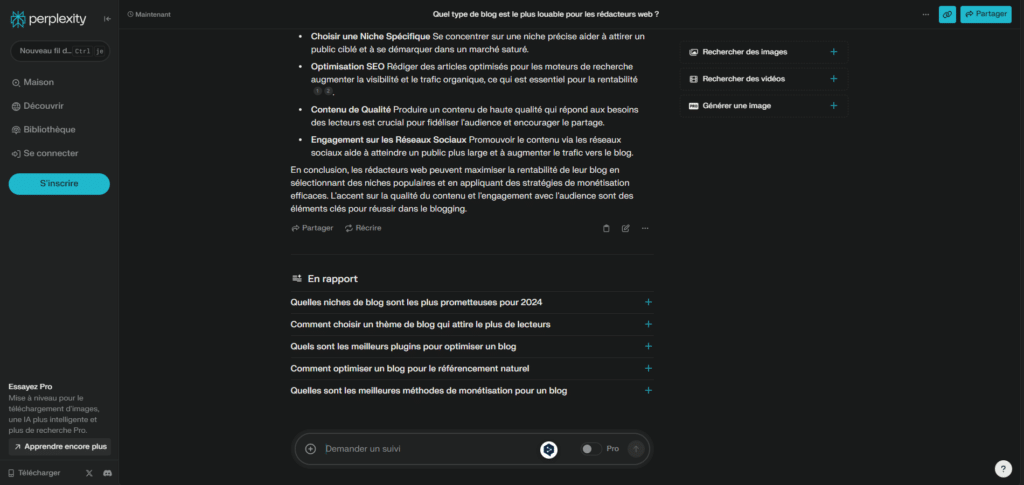 Exemple de réponse générée sur Perplexity AI sur les types de blogs les plus rentables pour un rédacteur web