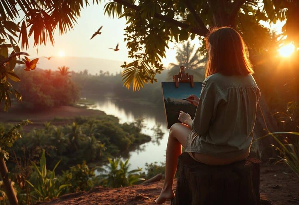 Un peintre est assis sur une souche d'arbre, son chevalet planté fermement dans le sol de la jungle amazonienne, face à une rivière paisible. Le soleil se lève à l'horizon, baignant la scène d'une douce lumière dorée qui perce à travers le feuillage dense des arbres tropicaux. Des oiseaux colorés volent au-dessus de l'eau, et l'artiste, concentré, capture la beauté sauvage et tranquille du moment