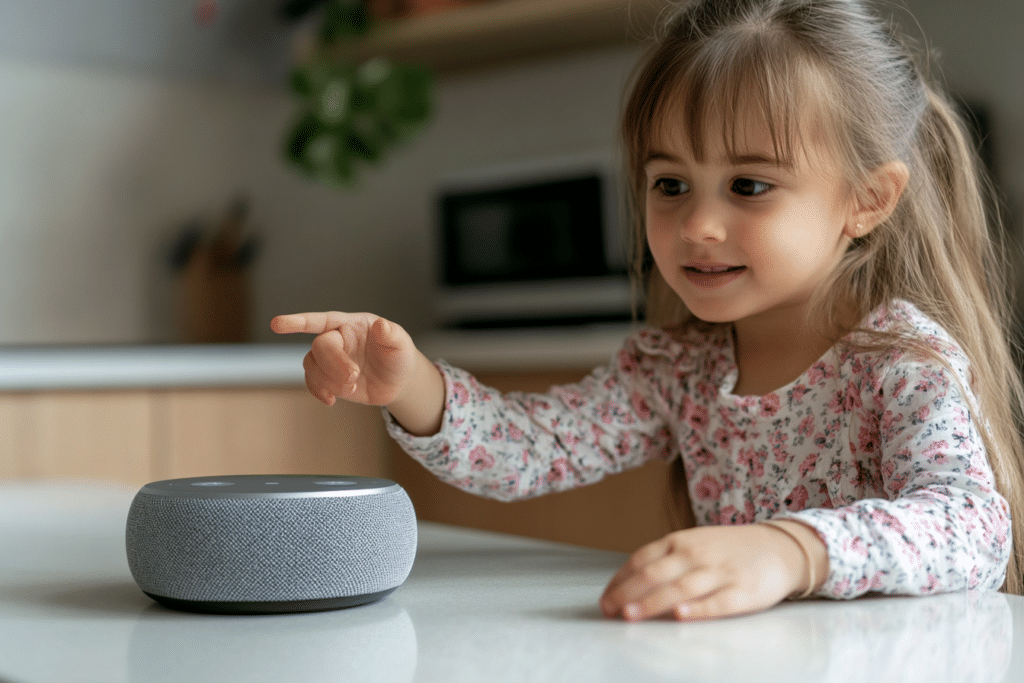 Une petite fille qui utilise OK Google dans la cuisine