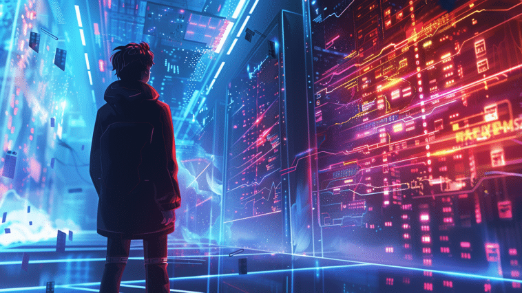 Un jeune homme au milieux de serveurs futuristes