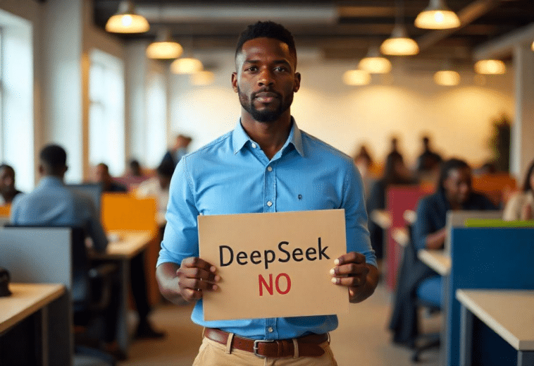 Un homme tenant une pancarte avec l'écriture "DeepSeek No"