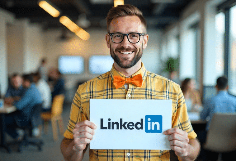 Un homme souriant tenant une pancarte avec le logo de Linkedin