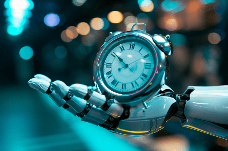 Main d'un robot tenant une petite horloge