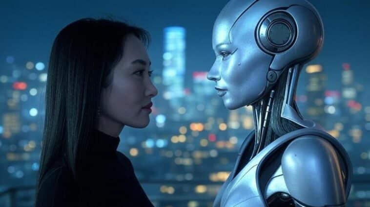 Deux femmes cyborg et humaine représentatives de l'IA émotionnelle en Europe