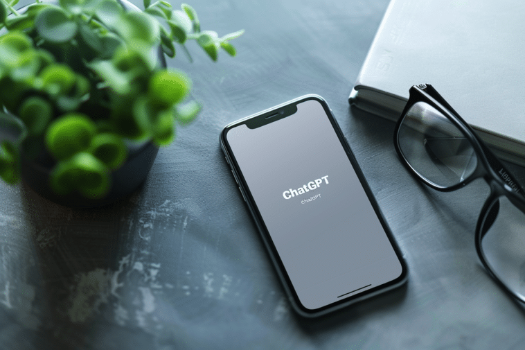 Téléphone posé sur une table où ChatGPT est ouvert,