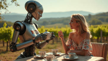 Un robot humanoïde en train de prendre du thé avec une femme en plein été.