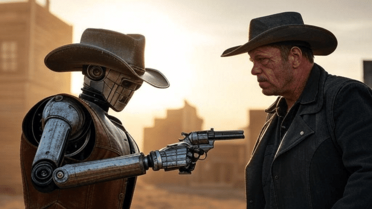 Un robot cowboy et un homme dans un univers dystopique