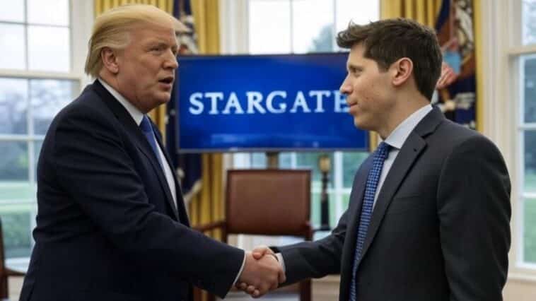 Trump serrant la main d'Altman pour la révolution de l'IA.