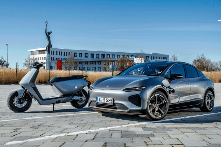 Voiture autonome stationnée à côté d'un scooter électrique dans un parking