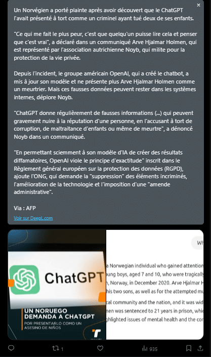 Un norvégien porte plainte suite à une fausse accusation de ChatGPT