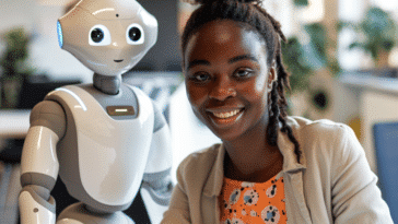 Une femme souriante et sereine, à côté d'un robot humanoïde