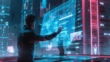 Écran interactif nouvelle génération dans un bureau futuriste avec interface holographique et technologie avancée.