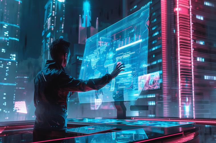 Écran interactif nouvelle génération dans un bureau futuriste avec interface holographique et technologie avancée.