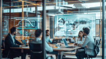 Une salle de réunion élégante où des recruteurs discutent et analysent des profils d’expert en IA