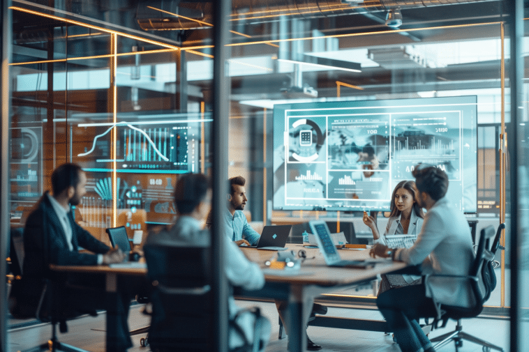 Une salle de réunion élégante où des recruteurs discutent et analysent des profils d’expert en IA