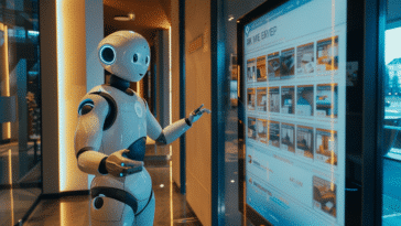 Un assistant IA présente des locations courtes durées sur un écran interactif dans un bureau futuriste à Luxembourg.