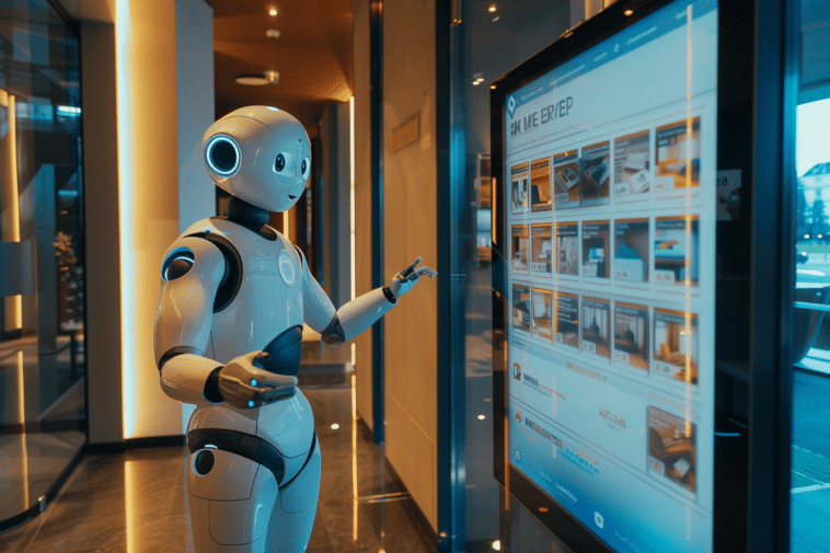 Un assistant IA présente des locations courtes durées sur un écran interactif dans un bureau futuriste à Luxembourg.