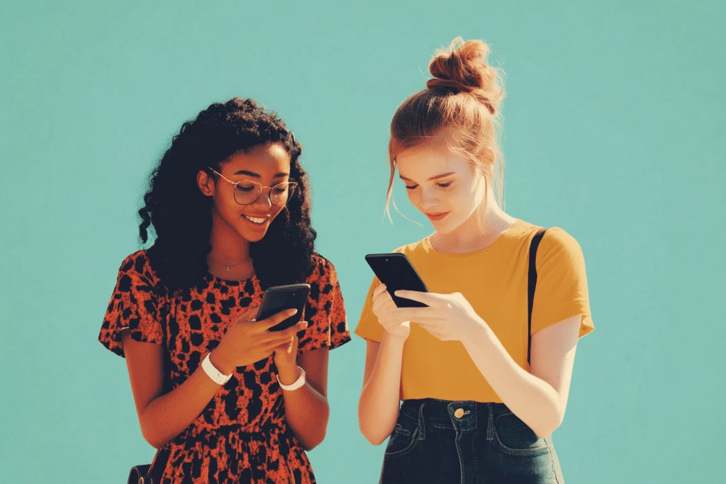 Deux filles se partageant leur assistant vocal IA