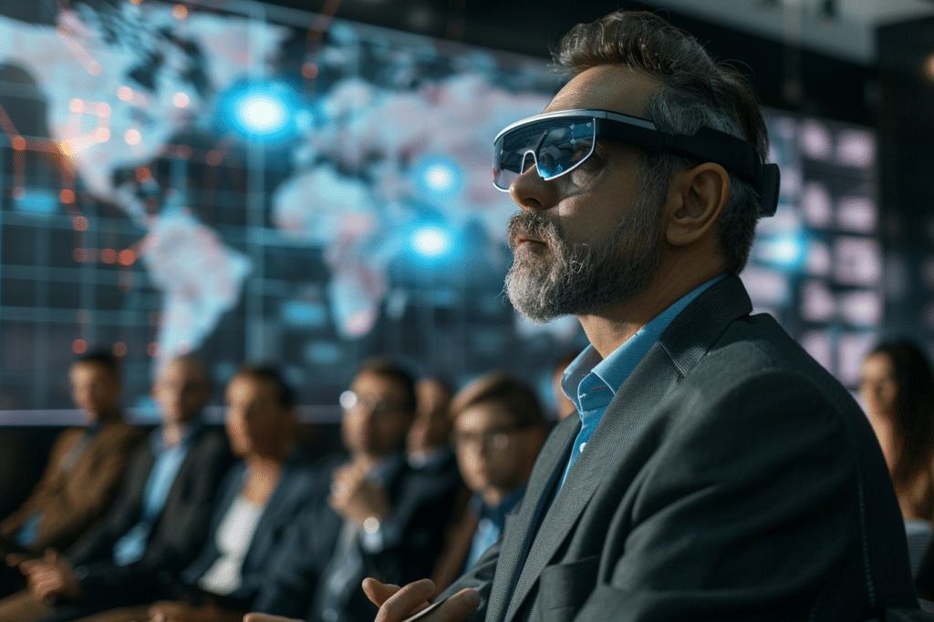Un homme d'affaires portant des lunettes high-tech est dans une salle remplie d'autres professionnels et experts en technologie, en train d'écouter une présention