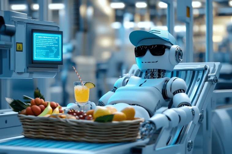 Un robot de production qui prend des congés devant un plateau de fruits et une boisson fraîche