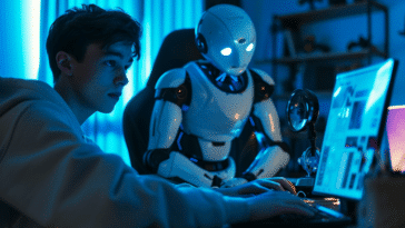 Un homme inquiet devant son ordinateur, un robot malicieux à côté de lui