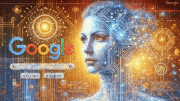 Une femme cybernétique avec des circuits intégrés et le logo de Google