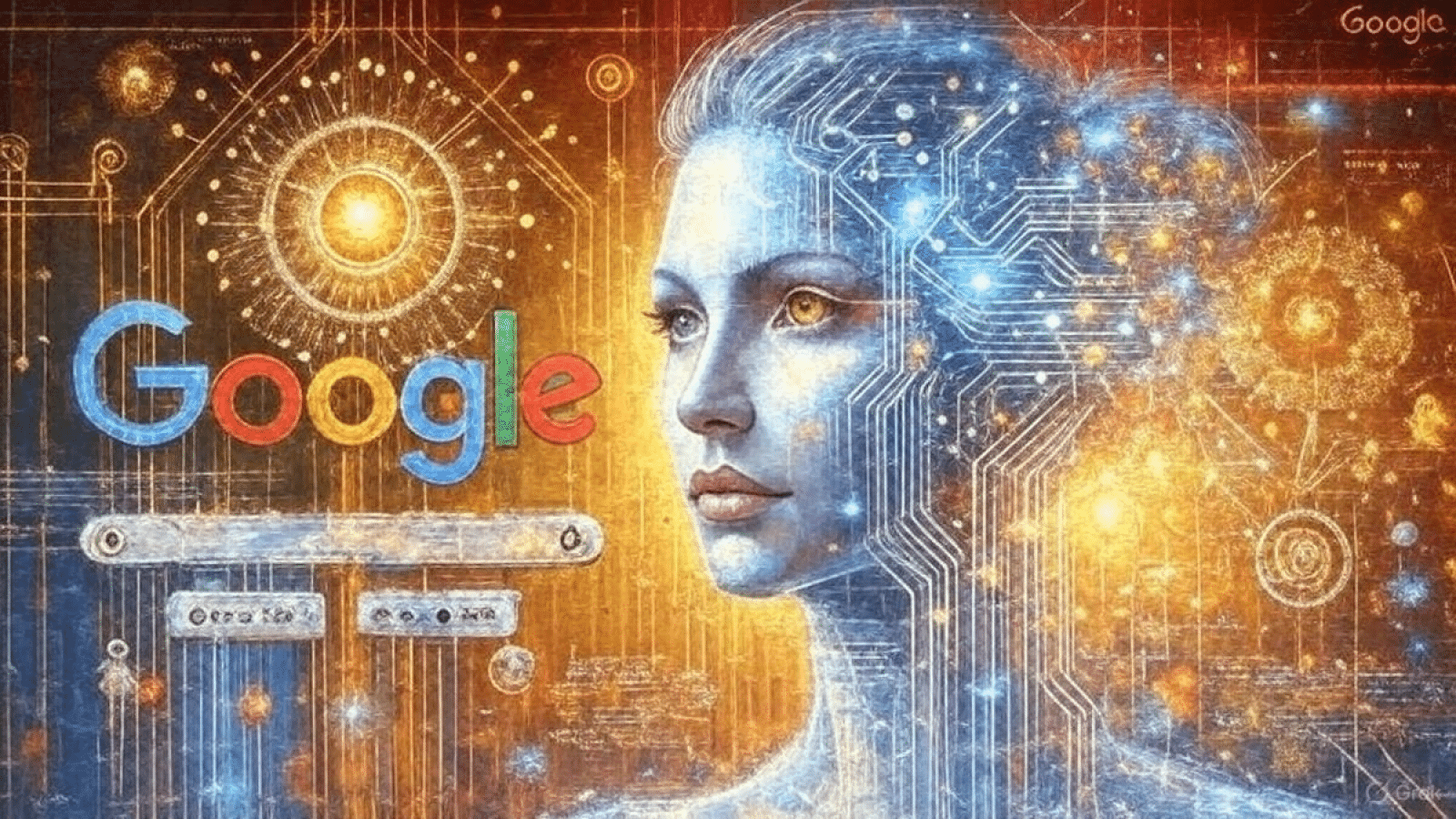Une femme cybernétique avec des circuits intégrés et le logo de Google