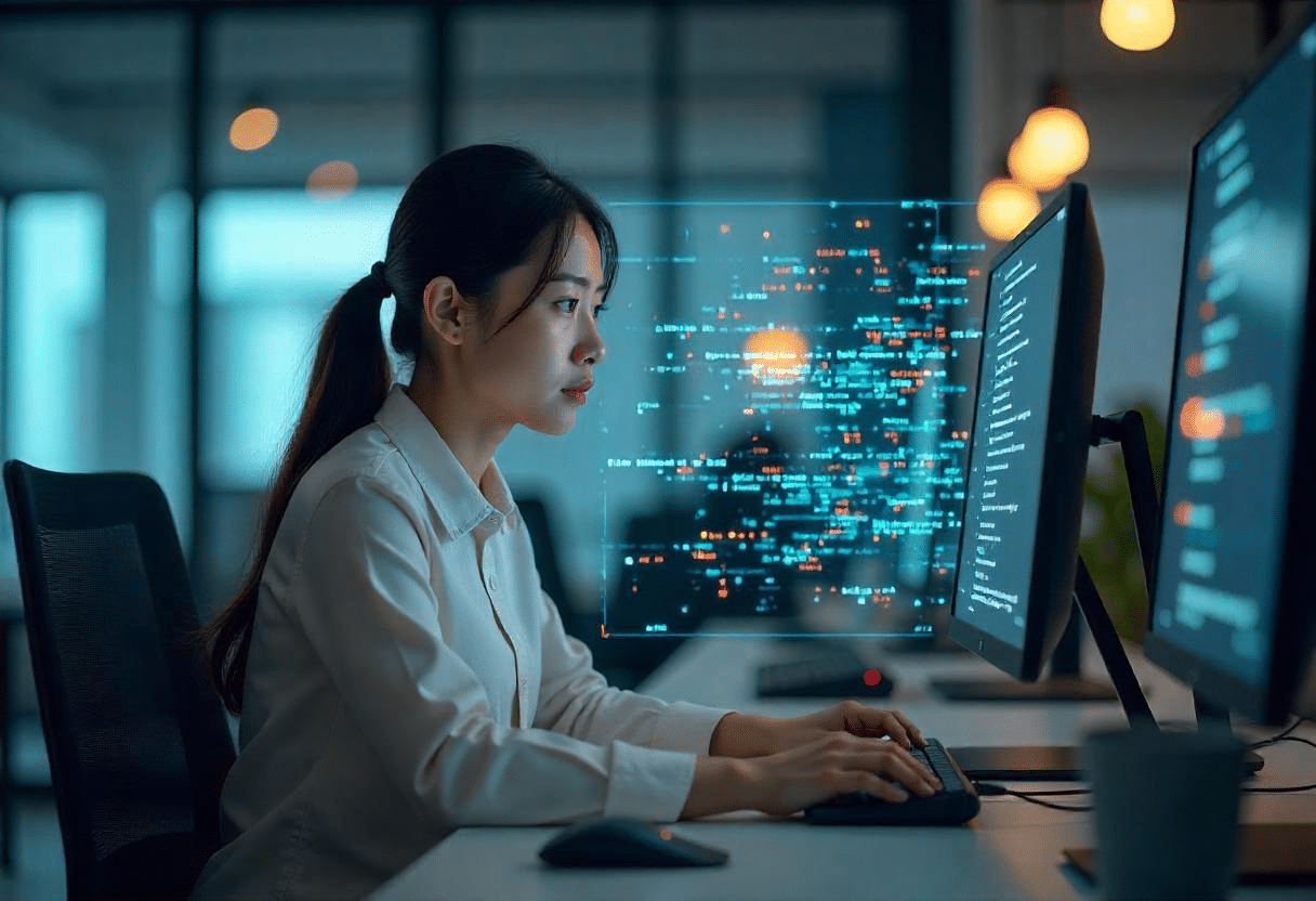 Femme travaillant sur son PC avec des hologrammes de programmation GenAI