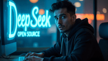 Jeune homme surpris devant l'hologramme "DeepSeek Open-Source"