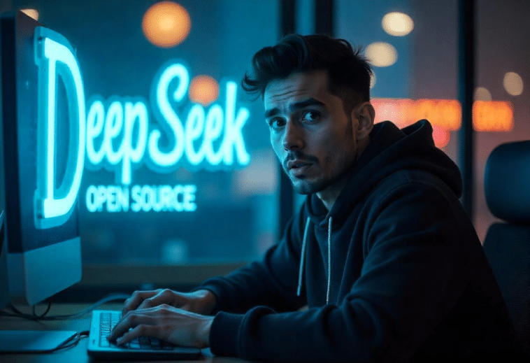 Jeune homme surpris devant l'hologramme "DeepSeek Open-Source"