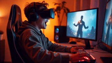 Jeune homme enthousiaste jouant aux jeux vidéo IA