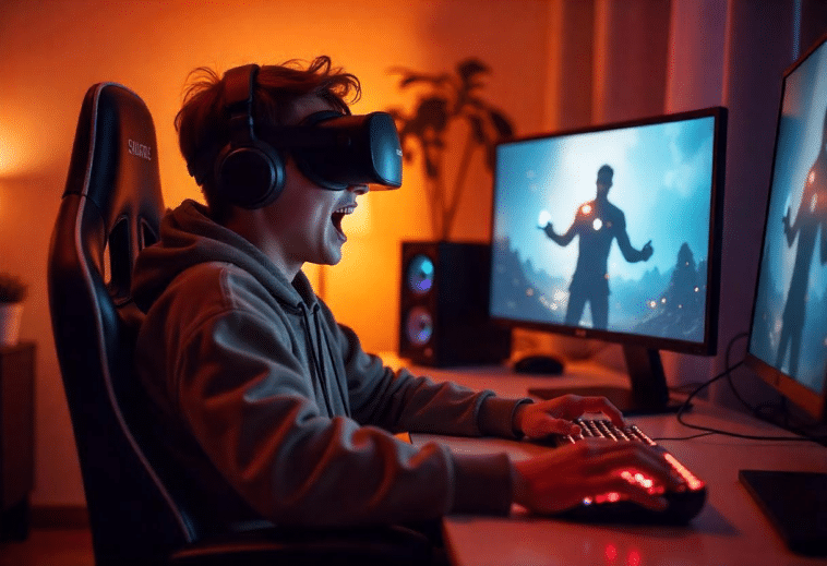 Jeune homme enthousiaste jouant aux jeux vidéo IA