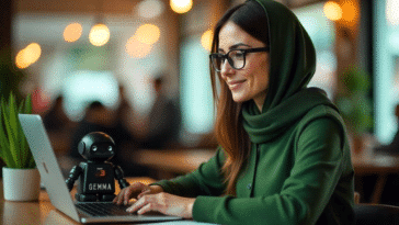 Jeune femme travaillant en compagnie d'un mignon petit robot avec l'écriture Gemma 3