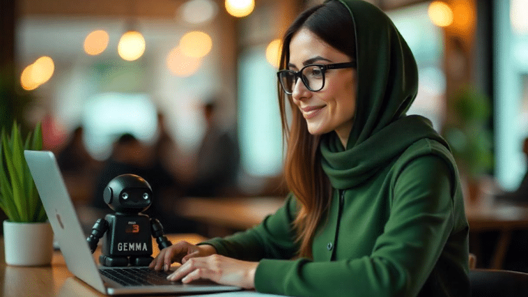 Jeune femme travaillant en compagnie d'un mignon petit robot avec l'écriture Gemma 3