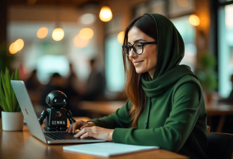 Jeune femme travaillant en compagnie d'un mignon petit robot avec l'écriture Gemma 3