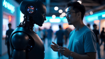 Un homme et un robot humanoïde lors d'un salon sur l'IA