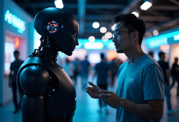 Un homme et un robot humanoïde lors d'un salon sur l'IA
