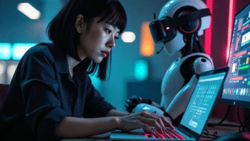 Femme travaillant avec un robot IA