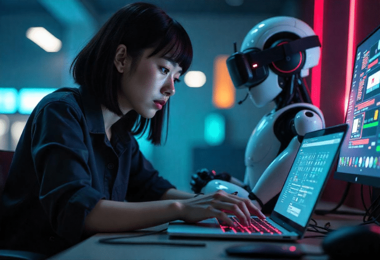 Femme travaillant avec un robot IA