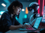 Femme travaillant avec un robot IA