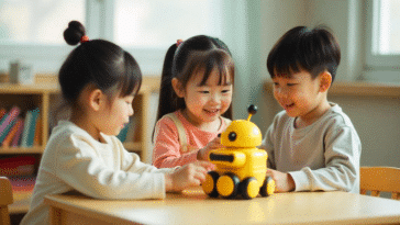 Des enfants jouant avec un robot d'IA en Chine.