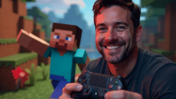 Un homme qui tient une manette avec en arrière-plan un personnage de Minecraft IA