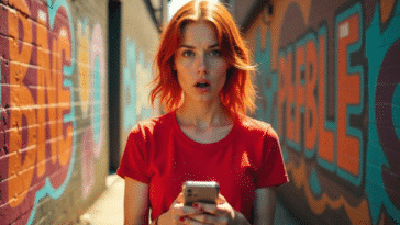Jeune femme rousse surprise en tenant un iPhone dans ses mains.