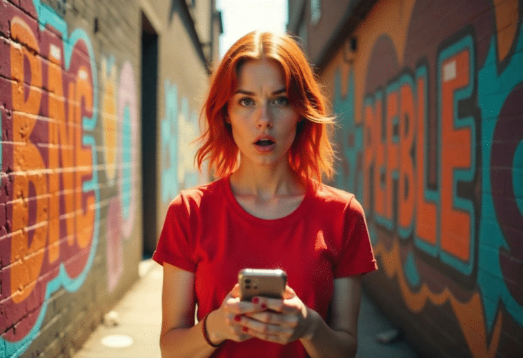Jeune femme rousse surprise en tenant un iPhone dans ses mains.