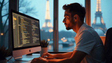 Un homme travaillant derrière son bureau avec une vue sur la Tour Eiffel