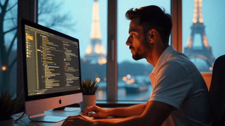 Un homme travaillant derrière son bureau avec une vue sur la Tour Eiffel