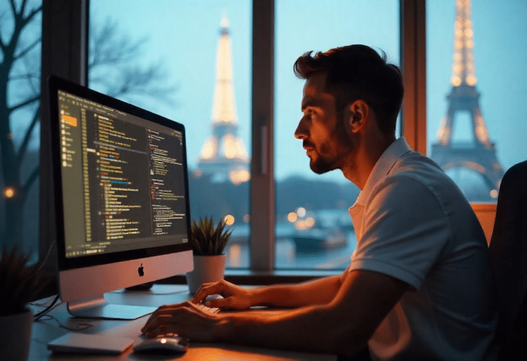 Un homme travaillant derrière son bureau avec une vue sur la Tour Eiffel
