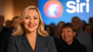 Une femme se tenant devant le logo de Siri.