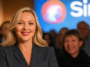 Une femme se tenant devant le logo de Siri.